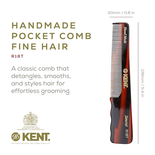 Kent R18T Handmade Fine-Tooth Hair and Beard Styling Comb for Men With Fine Hair - With Thumb Grip, Saw Cut, Hand Polished, Made in England