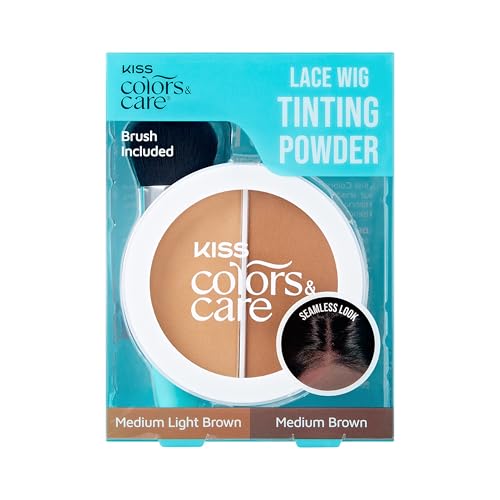 KISS Colors & Care Lace Wig Tinting Powder & Brush, 2 Brown Shades, Oil Control Formula, Matte Finish, Vegan, Cruelty Free, Hyaluronic Acid & Coconut Extract Infused, 8g (0.28 oz.) - Light Duo