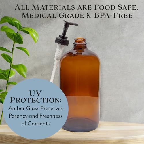 Cornucopia Brands 32-Ounce Amber Glass Lotion Pump Bottles (2-Pack); Quart Size Brown Bottles w/Black Plastic Locking Pump Dispensers; Includes Chalk Labels