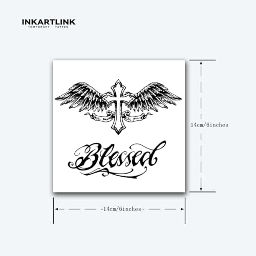 INKARTLINK Temporary Tattoo, Winged Cross Blessed Design, 2 Sheets, Waterproof, 1-2 Week