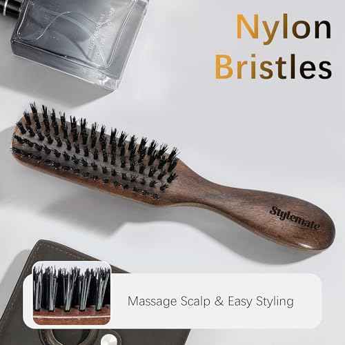 Nylon Hair Brush for Men, Mens Slick Back Hair Brush with Stiff Bristles & Wooden Walnut Handle for Thick & Fine Hair Smoothing, Detangling, Styling, Beard Straightens