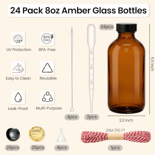 TBWIND 24 Pack 8oz Amber Glass Boston Bottles with Airtight Caps