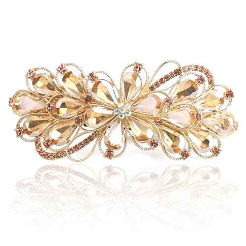 Large Gorgeous Rhinestone Hair Barrette for Women, Flower Jewelry Design (Champagne)