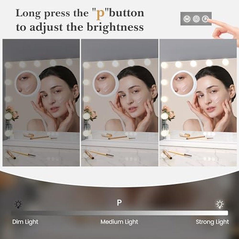Vanity Mirror with Lights, 23" x 18" Makeup Mirror with Lights, Hollywood Lighted Vanity Mirrors with 15 Dimmable LED Bulbs, 3 Color Modes, Light up Mirror with Touch Control for Bedroom, Tabletop