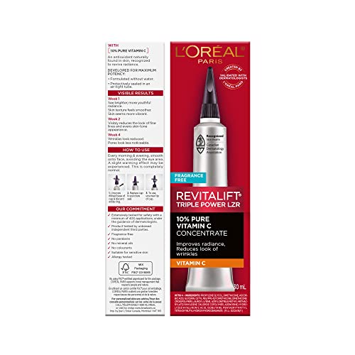 L'Oreal Paris Revitalift 10% Pure Vitamin C Face Serum, Brighter Skin, Reduced Wrinkles, Fragrance Free 1 0z.