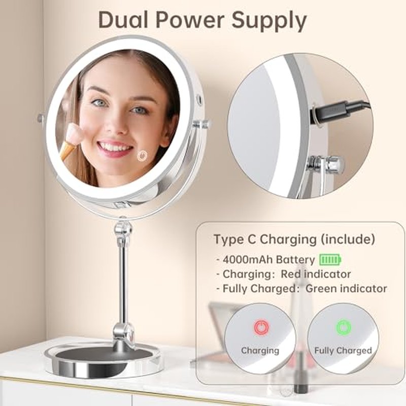 9" Makeup Mirror with Lights and Magnification,4000 mAh Rechargeable Lighted Makeup Mirror,10X Magnifying Mirror with Light and Touch Switch, 360¡Æ Rotation Vanity Mirror with 3 Color Light