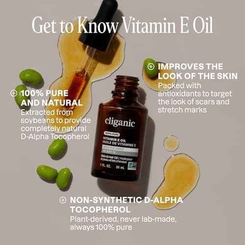 Cliganic Pure Vitamin E Oil for Skin, Scars, Hair & Face - 60,000 IU, Non-GMO Verified | Natural D-Alpha Tocopherol
