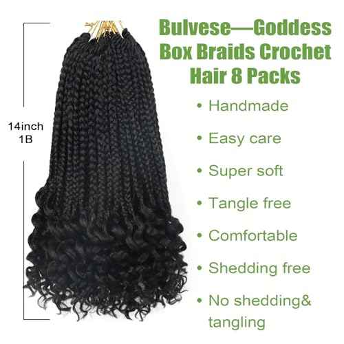 Goddess Box Braids Crochet Hair for Black Women 14 Inch Short Crochet Braids with Curly Ends Pre Looped 8 Packs Bohemian Style Goddess Box Braid Hair Extensions (1B)