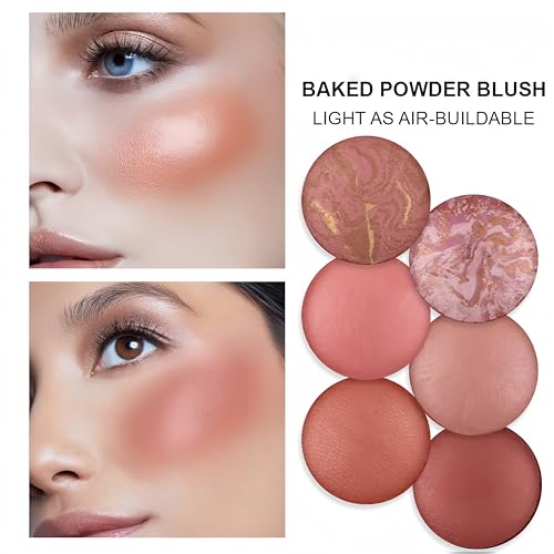 MAEPEOR Powder Baked Blush 6 Colors Natural Glow Marbleized Baked Powder Blush Lightweight Buildable Shimmer Blusher (01 AMORE)