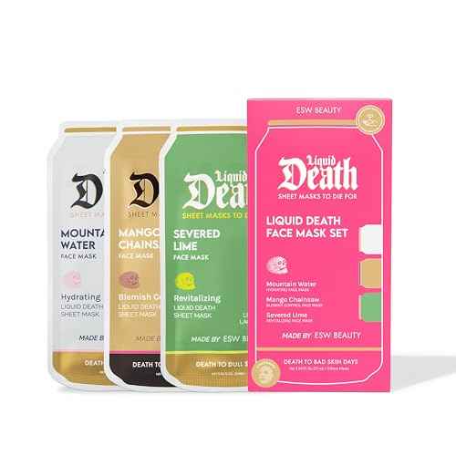 ESW Beauty Liquid Death x Limited Edition Face Mask Set (3-Pack) - Hydrating, Revitalizing & Cleansing Skin - Includes Mountain Water, Severed Lime & Mango Chainsaw