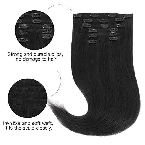 HOTBANANA Human Hair Clip in Hair Extensions, Natural Black 120g Clip in Hair Extensions Real Human Hair Straight Remy Hair 22 Inch 7pcs
