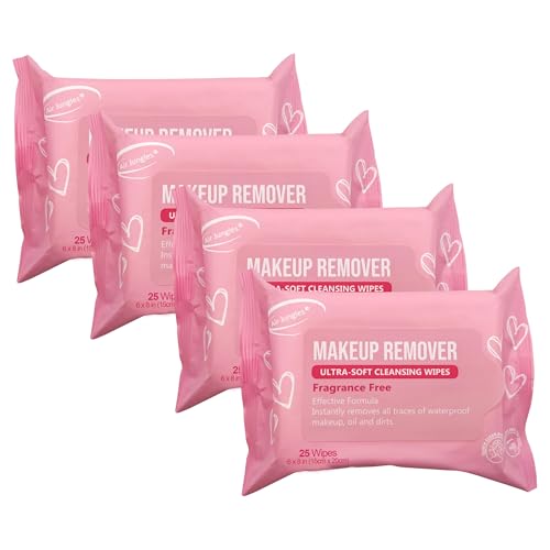 Air Jungles Makeup Remover Wipes 25 Count (Pack of 4), Alcohol-Free & Fragrance-Free, Extra Large Facial Towelettes for Face & Eyes, Removes Waterproof Makeup, Infused with Vitamin E