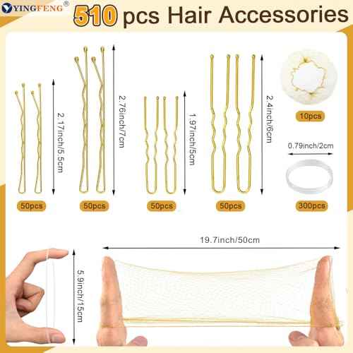 510PCS Blonde Bobby Pins Hair Pins Kit with Hair Net, YINGFENG Includes 100 Bobby Pins for Women, 100 U Shaped Buns Hair Clips, 300 Hair Bands and 10 Blonde Hair Nets, Dance competition must haves