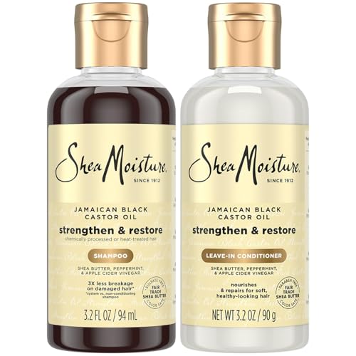 SheaMoisture Travel Essentials, Jamaican Black Castor Oil Strengthen & Restore Shampoo and Leave-in Conditioner Set, 3.2 Oz Each