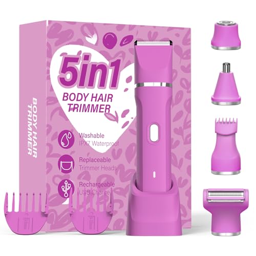 Bikini Trimmer for Women 5-in-1 Electric Razors IPX7 Waterproof Shaver Ceramic Blade Painless Pubic & Facial Hair Remover (Hot Pink)