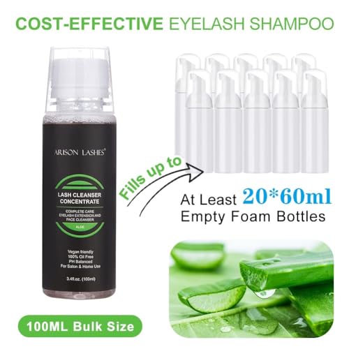 Eyelash Cleanser Concentrate 100ml Professional Lash Extensions Shampoo Natural Foaming Cleanser for Extensions Lashes with Salon Home Care-Makes 20 Bottles 60ml Eyelash Shampoo(Aloe)