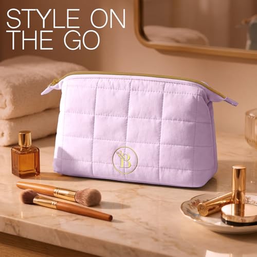 BLOOMORA Quilted Makeup Bag with Wide-Open Top & 3 Pockets