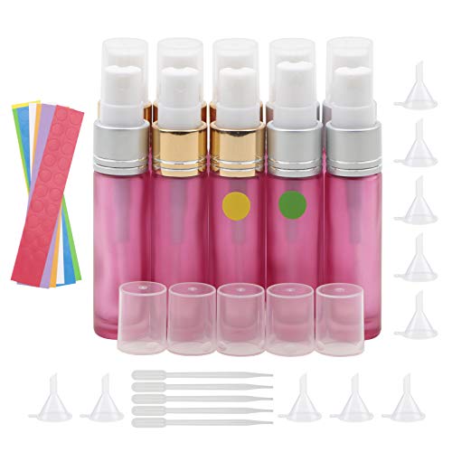 JIUWU Spray Bottle,10 Ml,Perfume Glass Spray Bottles,10 Pack Travel Perfume Bottle Refillable.Mini Small Atomizer,Spray Bottles for Hair eith 10 Funnels and Colourful Logo Stickers
