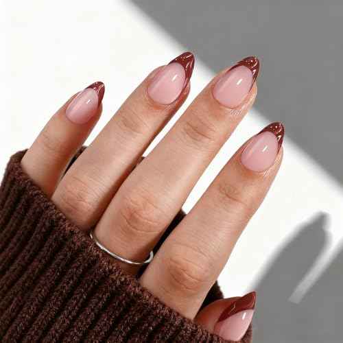 Chocolate Brown Fall French Tip Press on Nails Short Almond - GJZEZ Soft Gel Fake Nails Press Ons with 3D Sculpting Wave, Durable Handmade Glue on Nail | 16 Sizes - 32 Reusable Nail, Mocha Mousse