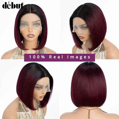 D?BUT Short Bob Wigs 1B Burgundy Lace Front Wigs Human Hair Middle Part Wigs Brazilian Virgin Straight Hair 13x4x1 T Part Wigs for Black Women 1B/99J 8 Inches