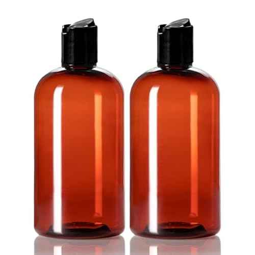 ljdeals 8 oz Amber Plastic Empty Bottles with Black Disc Top Caps, Refillable Containers for Shampoo, Lotions, Cream and More, BPA Free, Pack of 2, Made in USA