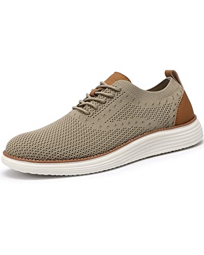 VILOCY Men's Casual Dress Sneakers Oxfords Business Shoes Lace Up Lightweight Comfortable Breathable Walking Knit Mesh Fashion Sneakers Tennis Khaki,EU40