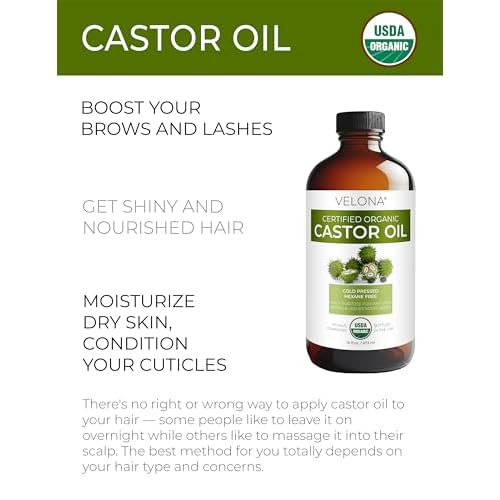 velona USDA Certified Organic Castor Oil ? 16 fl oz in Glass Bottle | Cold-Pressed, Hexane-Free, USP Grade | Promotes Hair Growth, Eyelash & Eyebrow Enhancement | Bottled in USA
