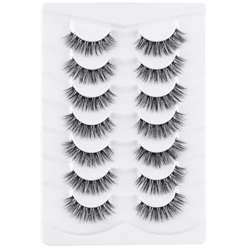 Lashes Wispy False Eyelashes Natural Look Fluffy Mink Lashes Doll Eyelashes Thick Faux Mink Eyelashes C Curl Fake Lashes 14MM 7 Pairs