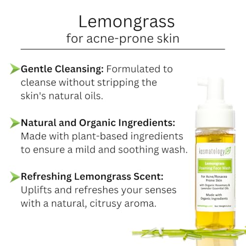kosmatology Lemongrass Organic Foaming Face Wash ? 6 fl oz | Natural Acne Treatment for Oily & Rosacea-Prone Skin | Gentle Cleanser with Rosemary & Lavender | Vegan & Cruelty-Free