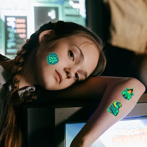 10 Sheet Gamer Stickers Glow in Dark Gaming Temporary Tattoos Video Game Gifts for Kids Classroom Rewards Gamer Birthday Party Supplies