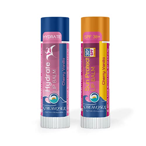 STREAM 2 SEA Cherry Vanilla Lip Balm, Reef Safe SPF 30 and Hydrate Organic Lip Balm Set, Moisturizing Indoor + Sun Protect Outdoor Lip Balm For Beach and Sports, Paraben Free Lip Moisturizer