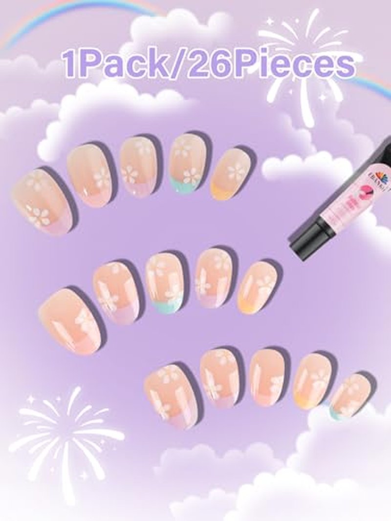 26-Piece Pink Flower Press On Nails for Girls 5-12