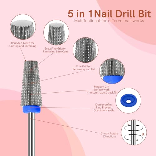 5 in 1 Medium Grit Tungsten Nail Drill Bit for Nail Drill Machine