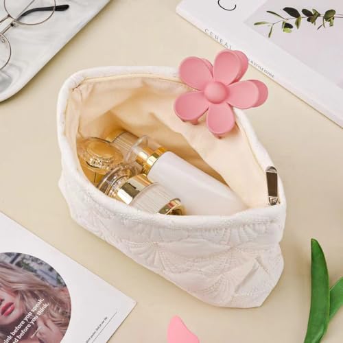 White Cotton Quilted Makeup Pouch£¬Cute Puffy Coquette Makeup Bag,Floral Cotton Quilted Cosmetic Bag for Women and Girls,Makeup Organizer Bag Zipper Pouch (White Shells)