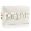 Bride Makeup Bag with Pearl Rhinestone Patch - White Travel Toiletry Pouch
