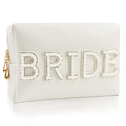 Bride Makeup Bag with Pearl Rhinestone Patch - White Travel Toiletry Pouch