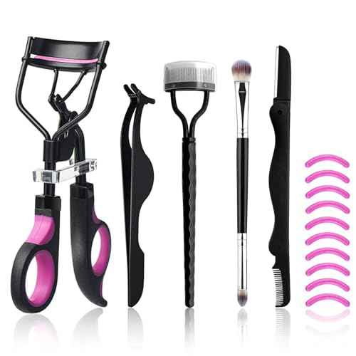 Eyelash Curlers Kit for Women w Lash Curler, Eyelash Comb Seperator, Eyeshadow Brush, Eyelash Extension Tweezers, Foldable Eyebrow Razor Comb, 10 Silicone Refills Pads for Natural Eyelashes