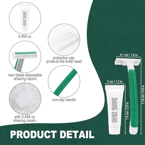 Green Disposable Twin Blade Razors in Bulk, Individually Wrapped with Safety Cap and Shaving Cream (50 Pack) for Homeless, Hotel, Airbnb, Shelter