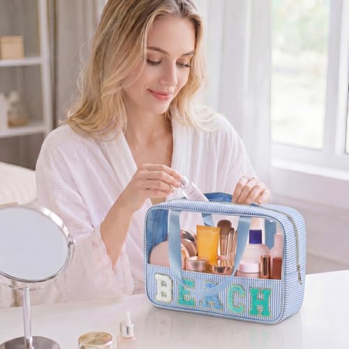 Sanwuta Seersucker Beach Bag - Clear Chenille Makeup Pouch