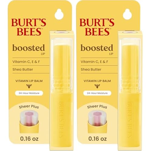 Burt's Bees Boosted Lip Balm Sheer Plus; Vitamin Lip Balm, Nourishing Vitamin C, E, and F Core; 24 Hour Moisture; Tint Free, Semi Glossy Finish; 100% Natural Origin; 1 Tube; 0.16 Oz. (Pack of 2)