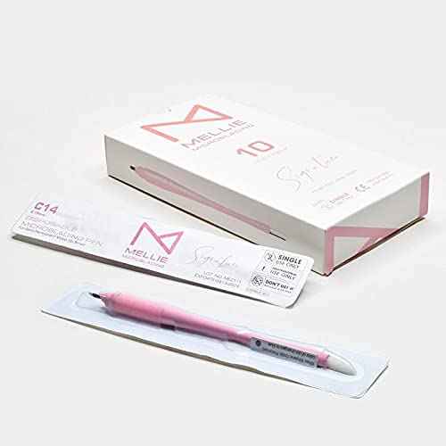 Mellie’s Signature Microblading Pen – Pack of 10 Disposable Eyebrow Tattoo Pens | Sterilized Blades C14 .18mm | Rubber Grip & Pigment Sponge | Professional Brow Tool (Pink)