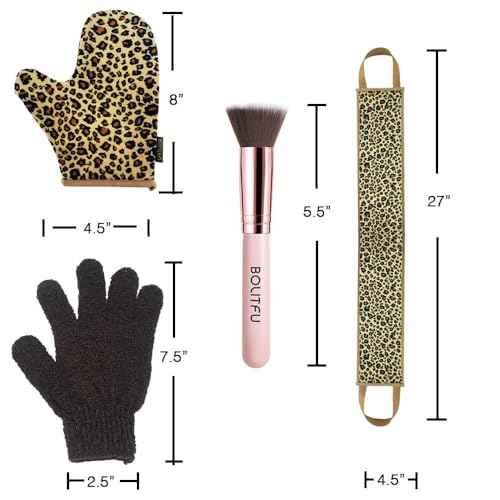 4 Pack Self Tanning Mitt Applicator Kit, with Self Tanner Mitt, Self Tan Back Applicator, Exfoliating Glove, Flat Top Face Tanner Brush, Tan mit for Self Sunless Tanner (leopard)
