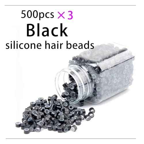 1500Pcs Silicone Beads for Hair Extensions, 5mm Silicone Lined Beads Microlink Rings Hair Extensions Tool (Black, 5mm)
