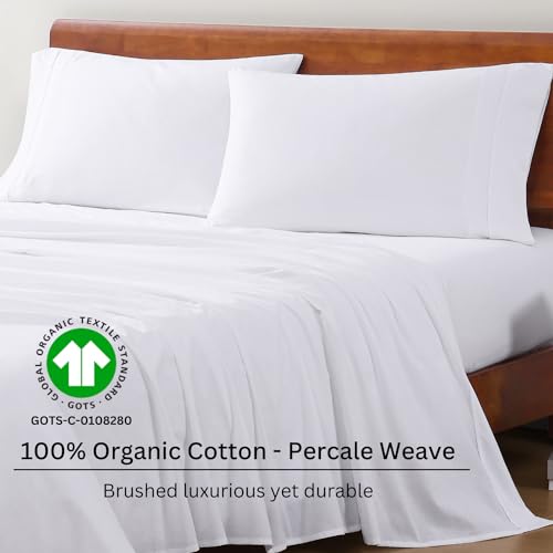 LANE LINEN 100% Organic Cotton Full Size Bed Sheets, Super Soft Long Staple Cotton Bed Sheets Full Size, Percale Weave Bedding Sheets and Pillowcases - White Full Sheet Set Fits 15" Deep Mattress