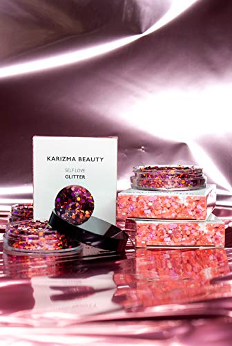 KARIZMA Self Love Heart Glitter. 10g Chunky Face Glitter, Hair Glitter, Eye Glitter, Body Glitter for Women. Rave Glitter, Festival Accessories, Cosmetic Glitter Makeup. Loose Glitter Set