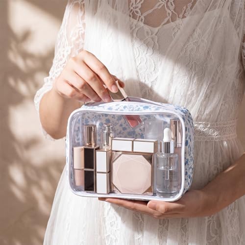 9 Pcs Blue Floral Makeup Bag Set - Waterproof Travel Cosmetic Organizer