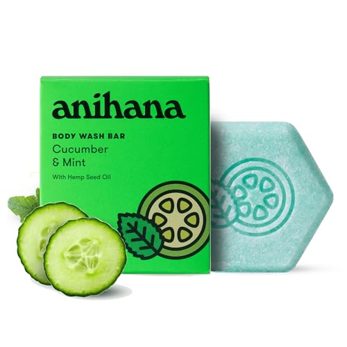 ANIHANA Body Wash Bar with Coconut Oil and Hemp Seed Oil, Soap Free, Moisturizing, Gentle, Soft Skin Care, Refreshing Cucumber & Mint Scent 2.8 Oz