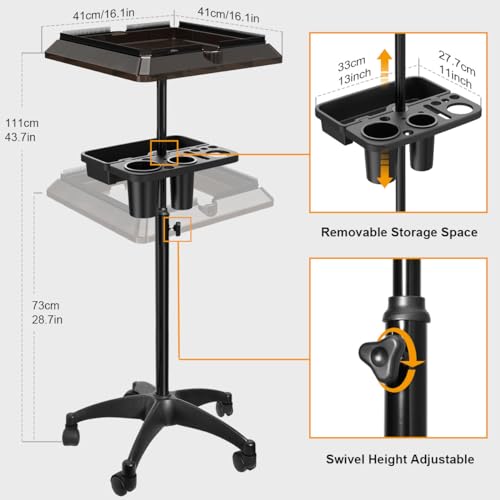 Salon Tray Cart with Extra Storage Space, Salon Rolling Tray, Adjustable Height Salon Tray on Wheels, Removable Hair Extension Tool Tray for Hairdressers, Color Tray for Salon Home Use