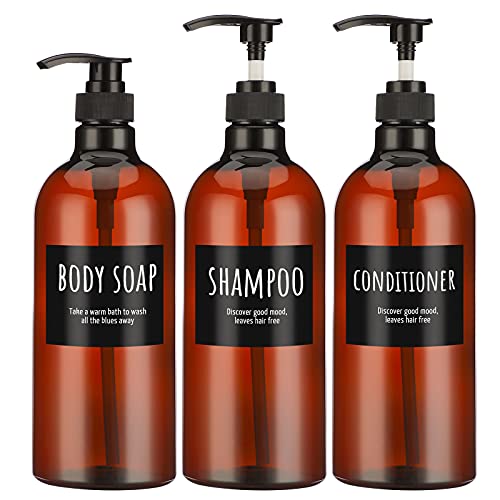 Segbeauty 3pcs Shampoo Conditioner Bottles and Lotion Dispenser Pump Head, 33.8oz Empty Large Refillable Shower Pump Bottles with Labels, Tube Pump Replacement for Bathroom Soap Dispenser