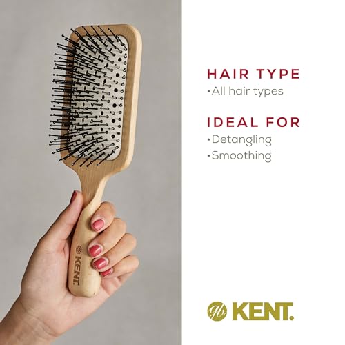 Kent LPF2 Large Cushion Paddle Hair Brush, Vented Taming Fine Pins Detangle Brush for Long Thick and Curly Hair, Scalp Massager and Growth Stimulator Wet or Dry Hair Detangling. Made in England